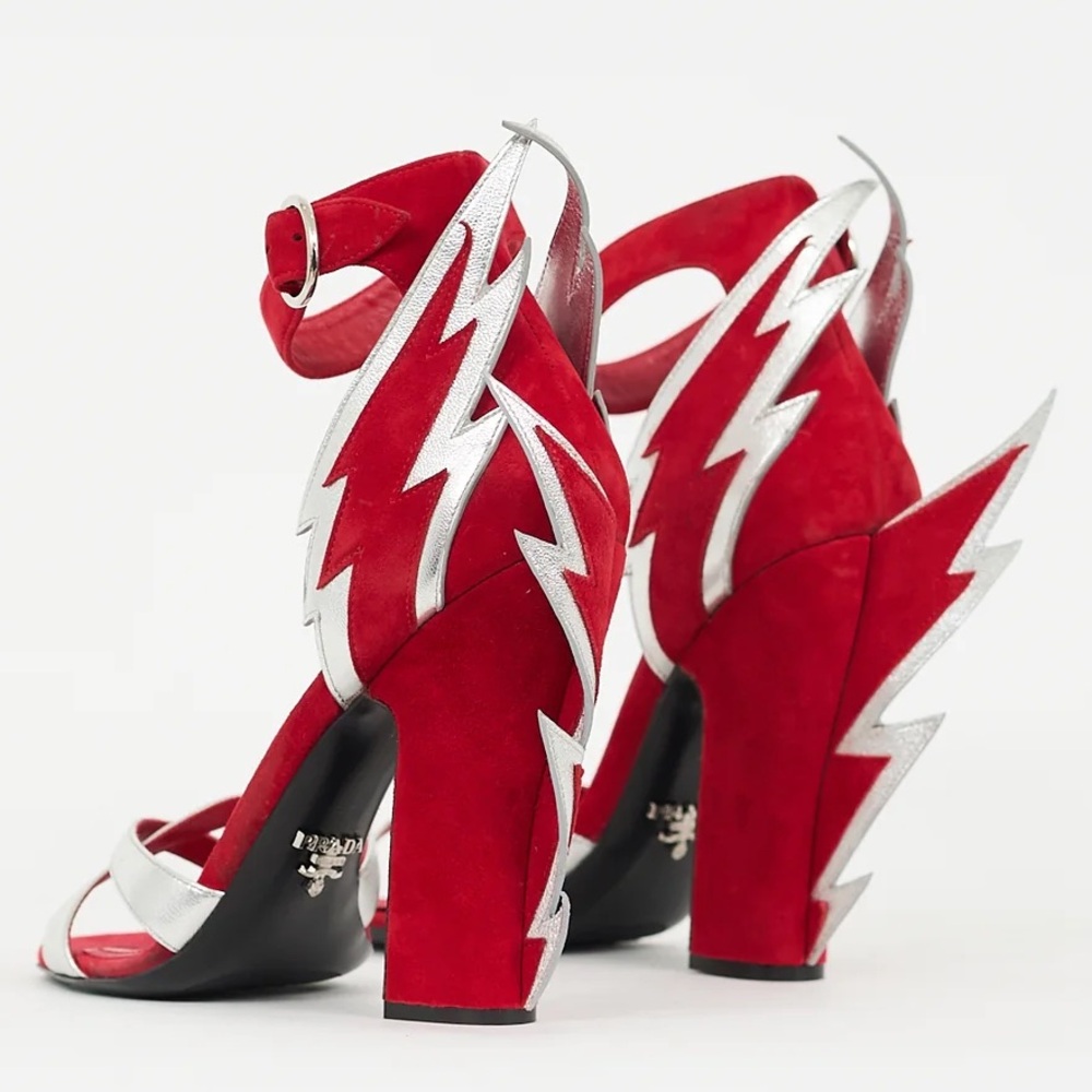 Prada Thunderbolt Red Silver Suede Leather Lightning Bolt Stiletto Heel Pumps - Picture 4 of 4